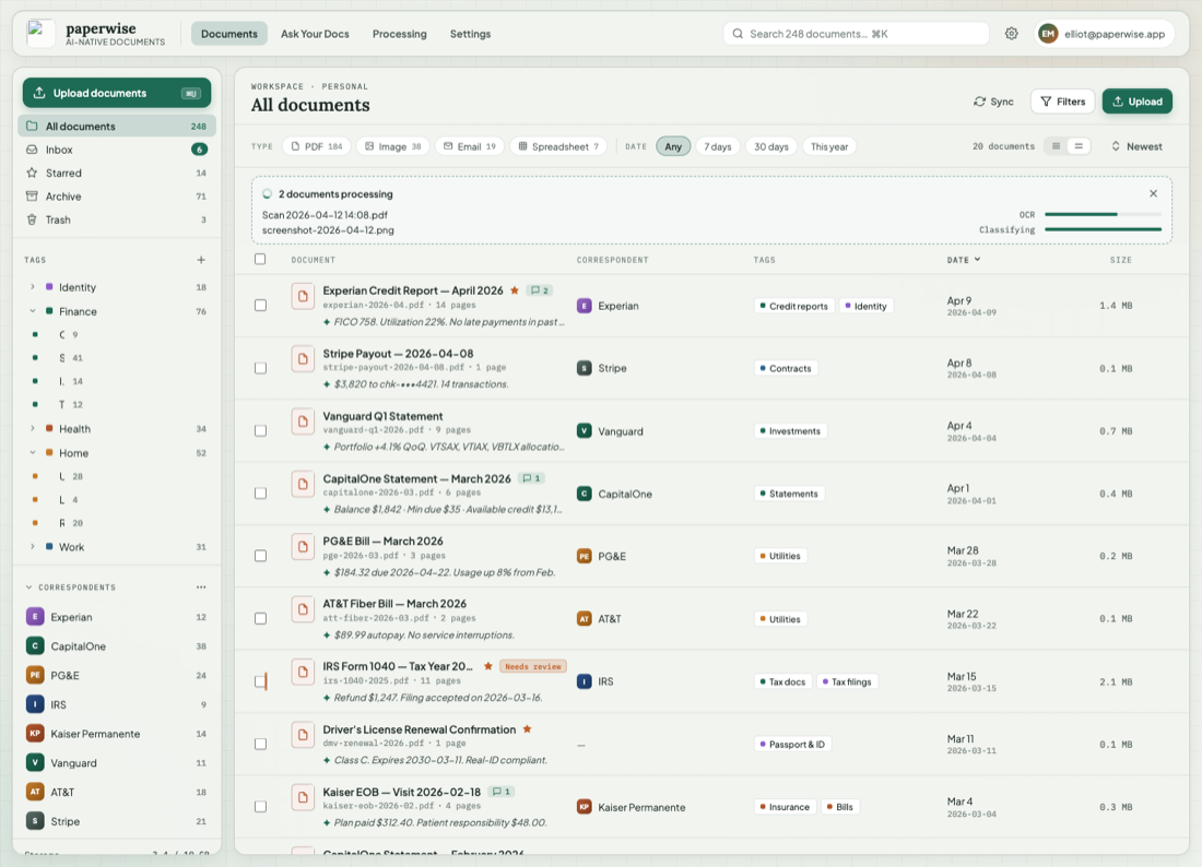 Paperwise documents interface screenshot